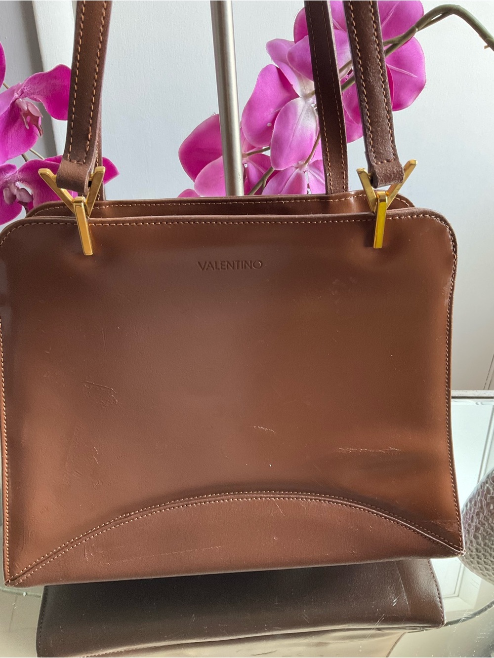 Vintage Valentino Brown Leather Shoulder Bag with Gold Hardware